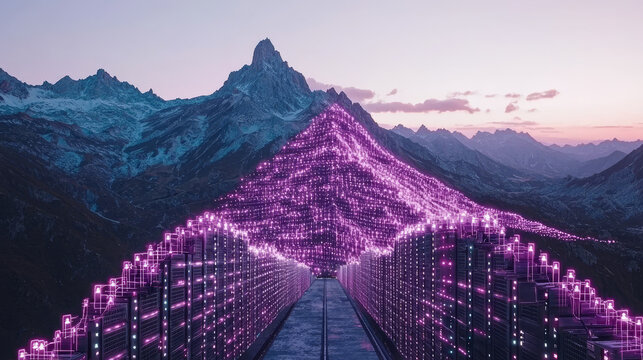 Hyper realistic illustration of server room with glowing purple lights forming pyramid shape, set against mountain landscape at sunset, futuristic and vibrant atmosphere