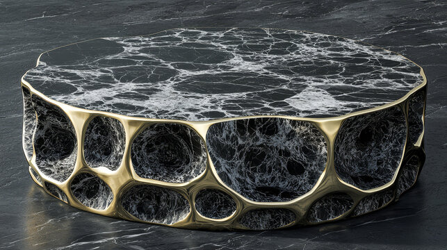 Hyper realistic image of dark polished granite coffee table with gold organic frame, modern luxury furniture, elegant marble surface, dramatic artistic design