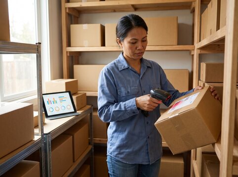 Woman scanning a barcode on a parcel in a home storage room