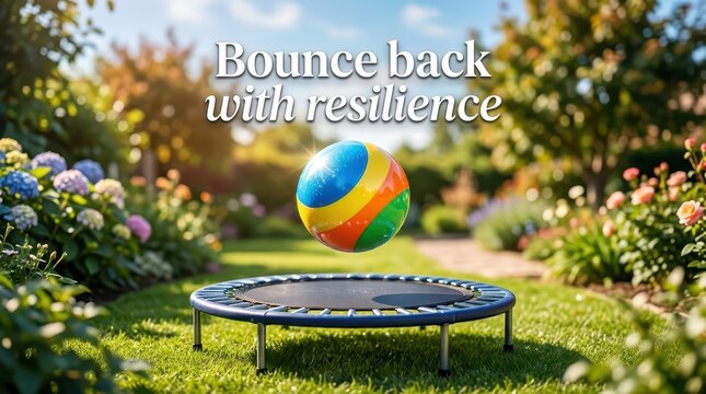 Colorful ball bouncing on a mini trampoline in a lush garden, symbolizing resilience and bouncing
