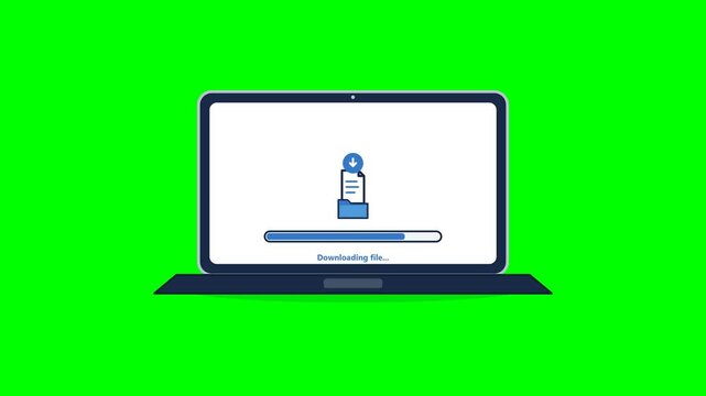 Professional 2D flat vector motion graphics animation of a document downloading into a laptop folder with smooth progress bar filling, downward arrow translation, and success checkmark on solid green