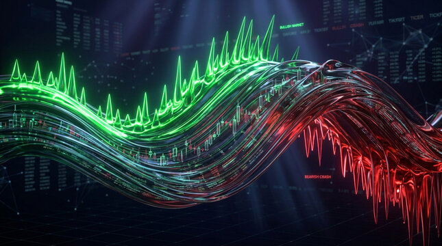 3D financial stock market graph with glowing green bullish wave and red bearish crash trend