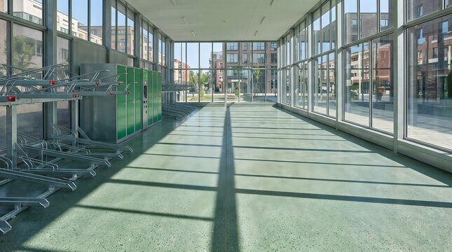 Modern municipal bicycle parking garage with charging lockers, urban micromobility infrastructure and low carbon commuting