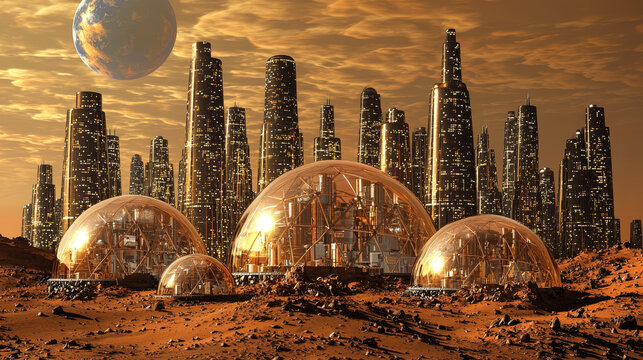 Futuristic Mars colony with transparent domes, towering skyscrapers, red rocky landscape, dramatic sky, and distant planet, showcasing advanced architecture and technology