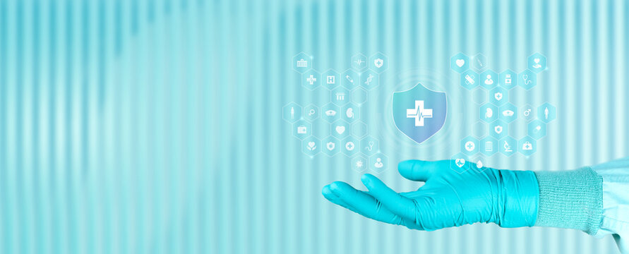 Digital health insurance interface operated by a doctor's hand; innovation in insurance registration and health technology to simplify coverage management. Isolated with copy space.