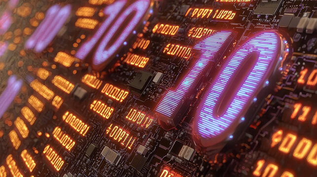 Glowing digital number ten circuit board orange and blue light futuristic technology electronic component matrix grid hyper realistic data flow abstract background innovation
