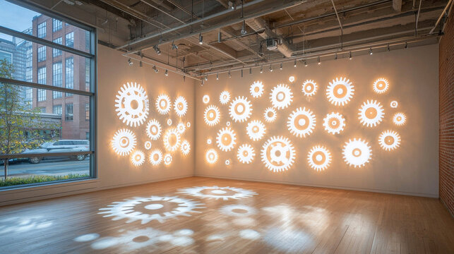 Industrial gear wall art installation with glowing mechanical cog shapes modern interior exposed ceiling large window urban view wooden floor creative lighting contemporary design