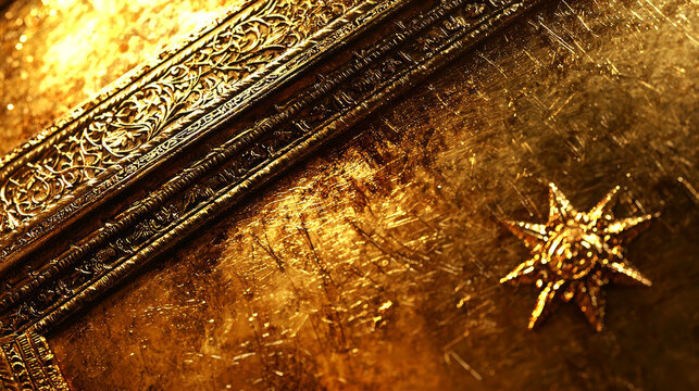 Golden ornate texture intricate metalwork decorative pattern embossed surface shining gold luxury detail antique design radiant light elegant craftsmanship star motif create rich and opulent