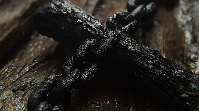 Black iron chain medieval style hyper realistic wet wood background rustic texture close up metallic aged heavy dramatic mood
