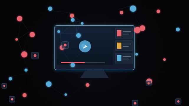 : An abstract digital motion graphic featuring a glowing computer monitor interface surrounded by connected nodes, glowing particles, and floating geometric elements against a dark background. The sce