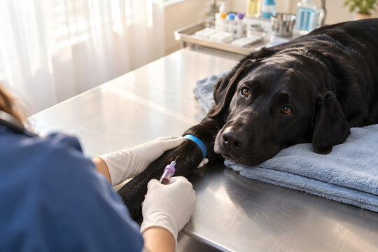 Vet Drawing Blood Sample From Black Dog