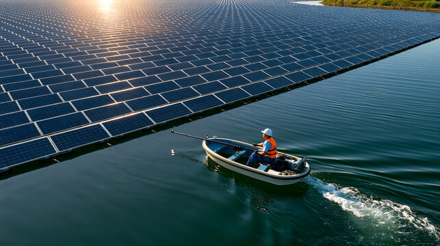 Worker Inspecting Water Between Solar Floats