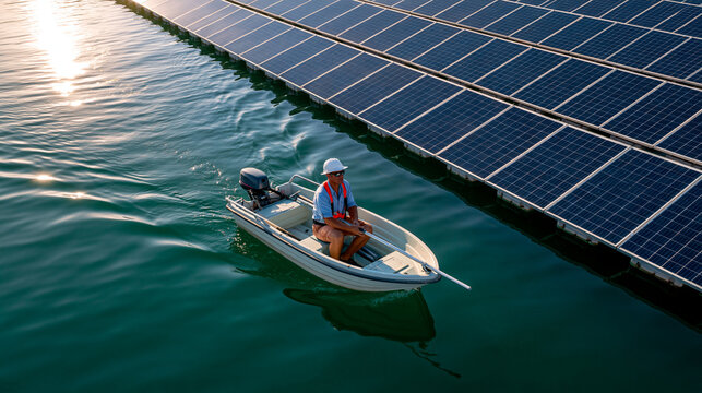 Worker Inspecting Water Between Solar Floats