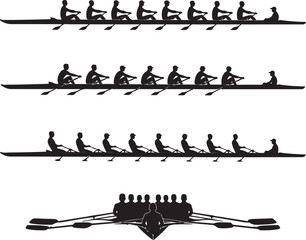 Rowing Team with Eight Rowers and Coxswain in Shell Boat Silhouette Vector © JOMILA