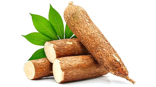 Fresh raw cassava roots with cut slices and green cassava leaves isolated on white background tropical staple food natural agriculture and organic harvest concept.