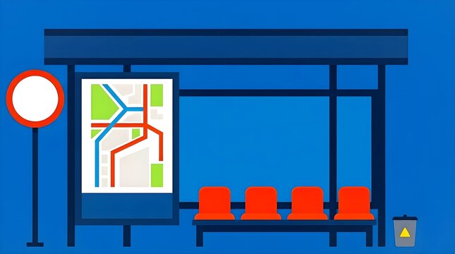 Modern minimalist bus stop vector illustration with red seats route map board traffic sign and trash bin on clean blue background urban transit public infrastructure concept.