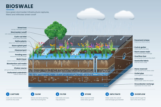 Bioswale diagram with labels showing how green stormwater infrastructure captures, filters and infiltrates street runoff, cross-section infographic