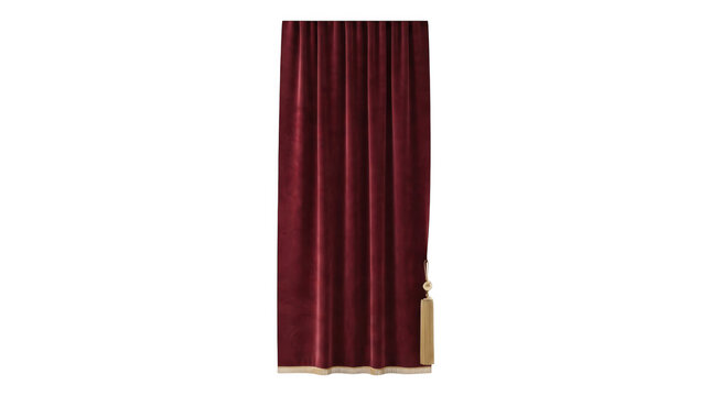 A single opulent deep red velvet curtain panel isolated on black background