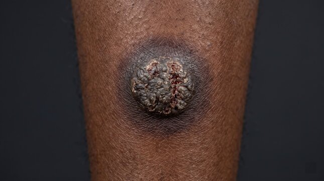 Close up of prurigo nodularis, hyperkeratotic lesion or hypertrophic scar on the leg of a dark skinned person.