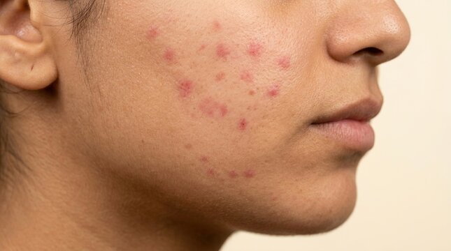 Close up of active acne vulgaris, red inflammatory papules and post-inflammatory hyperpigmentation on female jawline.