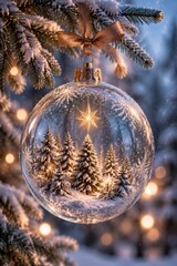 Fototapeta premium Winter Scene Inside a Glass Ornament Hanging on a Snow-Covered Tree