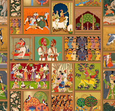 Indian Traditional Art Collage Featuring Decorative Figures Animals Birds and Floral Motifs