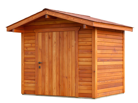 Wooden shed with reddish-brown roof and vertical siding.