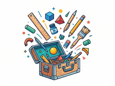 creative toolbox with school supplies, wooden art supply case with stationery, education icon