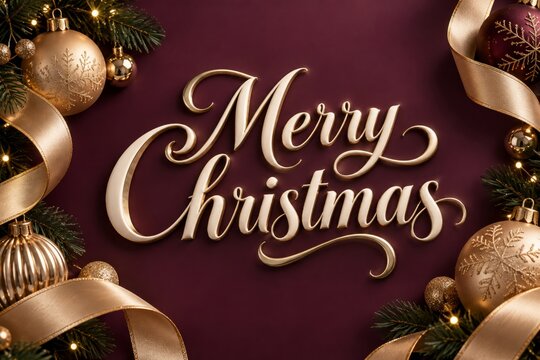 Merry Christmas Greeting With Ornaments and Ribbons on a Dark Background
