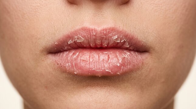 Extreme close up of severely dry, chapped and cracked lips with thick peeling skin and crusts.
