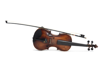 Vintage Wooden Violin with Horsehair Bow Resting on Instrument, Studio Shot on White Background © JESSICA