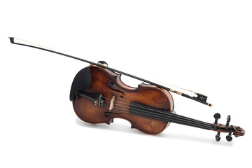 High-Angle Perspective of a Classic Dark Wood Violin with Resting Bow on White Background © JESSICA