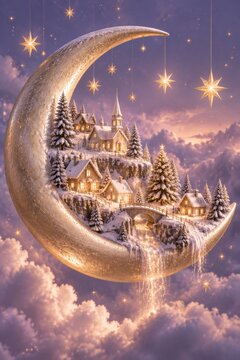 Winter Scene of a Village on a Crescent Moon With Stars in a Night Sky