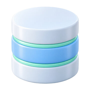 Glossy mint and blue cylindrical database stack icon isolated on transparent background