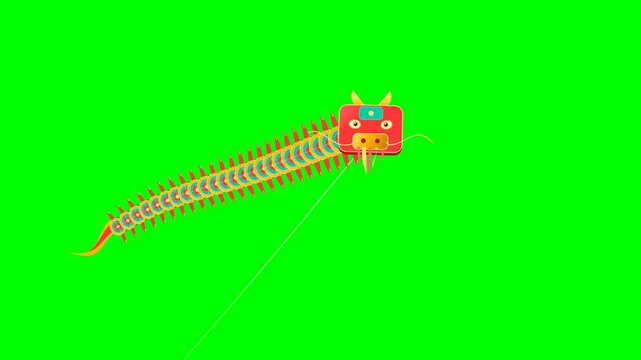 Premium chunky 2.5D animation for International Kite Day featuring a magnificent giant traditional dragon kite with sculpted head and undulating disk segments soaring smoothly