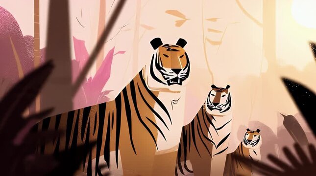 Majestic Tiger Family Resting in Lush Jungle - Mother, Father and Cub Relaxing Under Warm Sunlight; Illustration of Wild Animals in a Tropical Forest Habitat