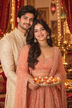 happy indian couple holding traditional oil lamp plate on diwali festival
