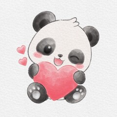 Cute Panda Bear Holding a Pink Heart, Hand Drawn Watercolor Illustration. © Drawingwith
