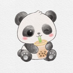 Cute Panda Drinking Bubble Tea, Hand Drawn Watercolor Illustration. © Drawingwith