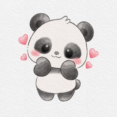 Cute Panda Watercolor Illustration with Hearts, Adorable Bear Character on White Background, Hand Drawn Watercolor Illustration. © Drawingwith