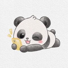 Cute Panda Watercolor Illustration Using Smartphone, Adorable Kawaii Animal, Hand Drawn Watercolor Illustration. © Drawingwith