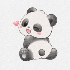 Adorable Blushing Panda Watercolor Illustration with Heart, Hand Drawn Watercolor Illustration. © Drawingwith
