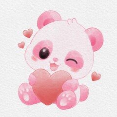 Cute Pink Panda Holding a Heart, Hand Drawn Watercolor Illustration. © Drawingwith