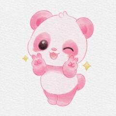 Cute Pink Panda Hand Drawn Watercolor Illustration with Peace Sign © Drawingwith