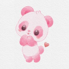 Cute Pink Panda Hand Drawn Watercolor Illustration with Heart © Drawingwith