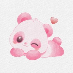 Adorable Pink Panda Watercolor Illustration with Heart, Cute Kawaii Animal Character © Drawingwith