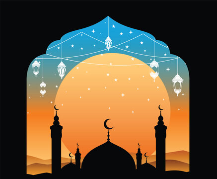 Mosque Silhouette with Lanterns and Crescent Moon Illustration