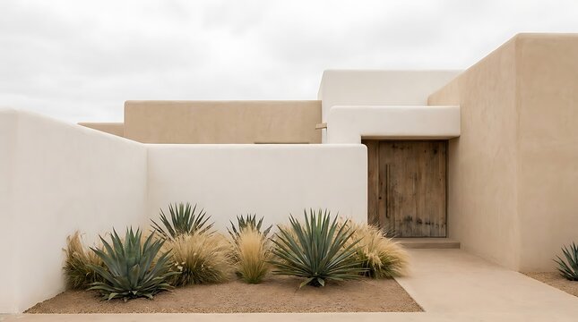 Modern house exterior with green cactus plants and gravel garden in front of a minimalist building wall. minimalist adobe houses