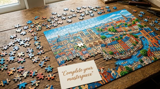 Completing a vibrant Paris cityscape jigsaw puzzle on a rustic wooden table