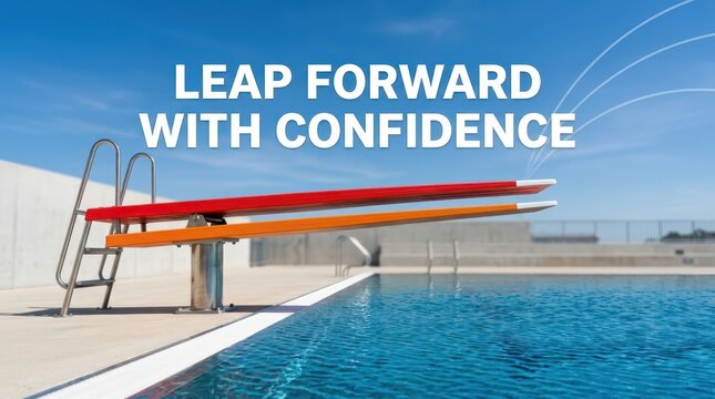 Diving board over swimming pool, ready for a leap of faith and forward momentum